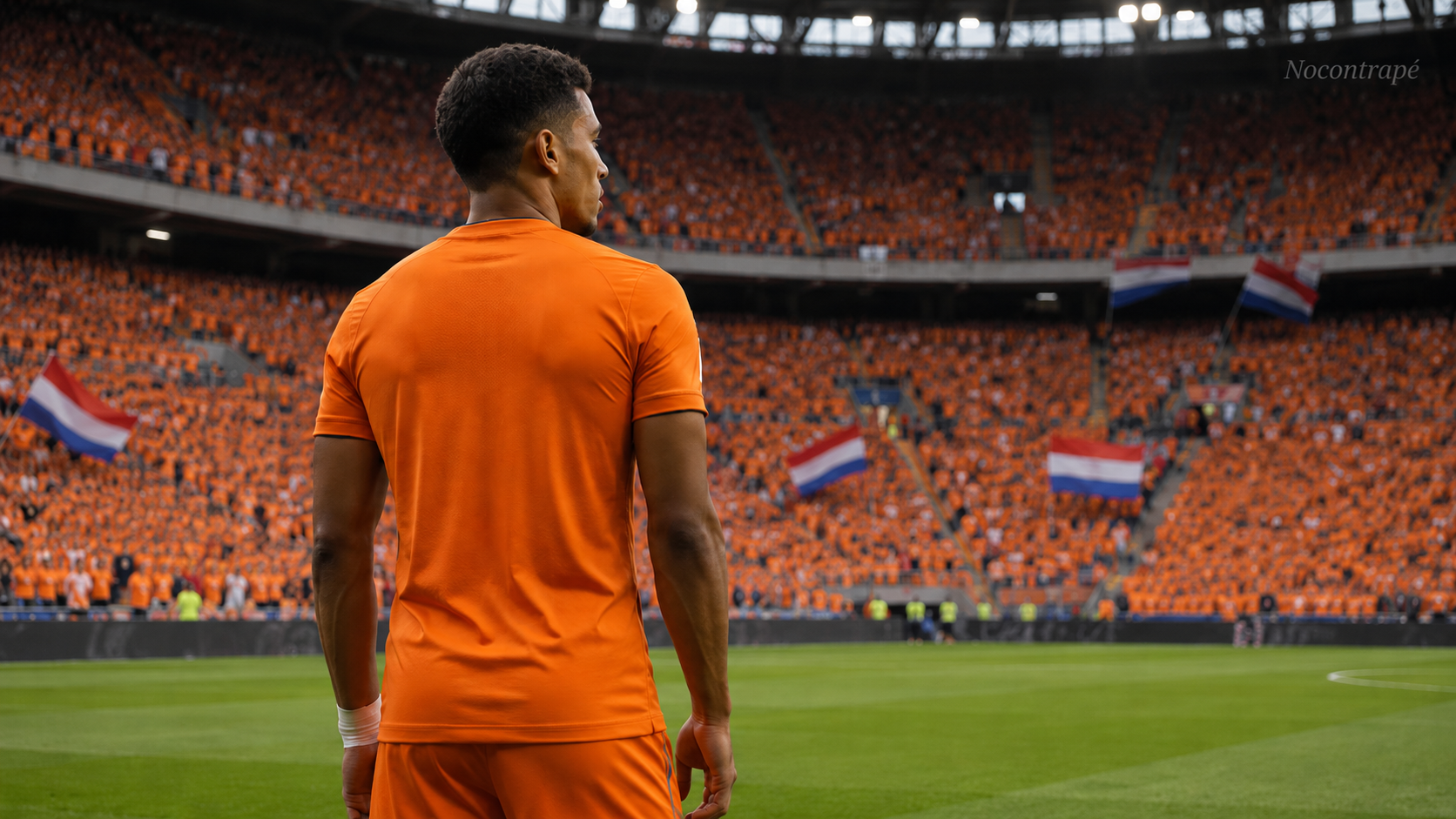 Jogador da Holanda com camisa laranja em estádio cheio de torcedores.
