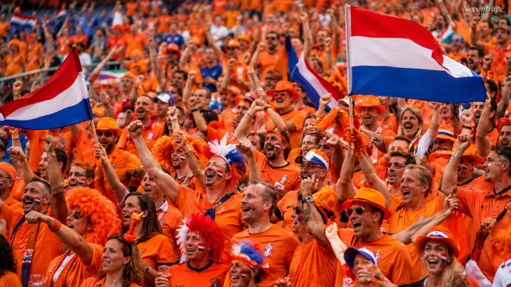 Torcida holandesa vestida de laranja com bandeiras dos Países Baixos.
