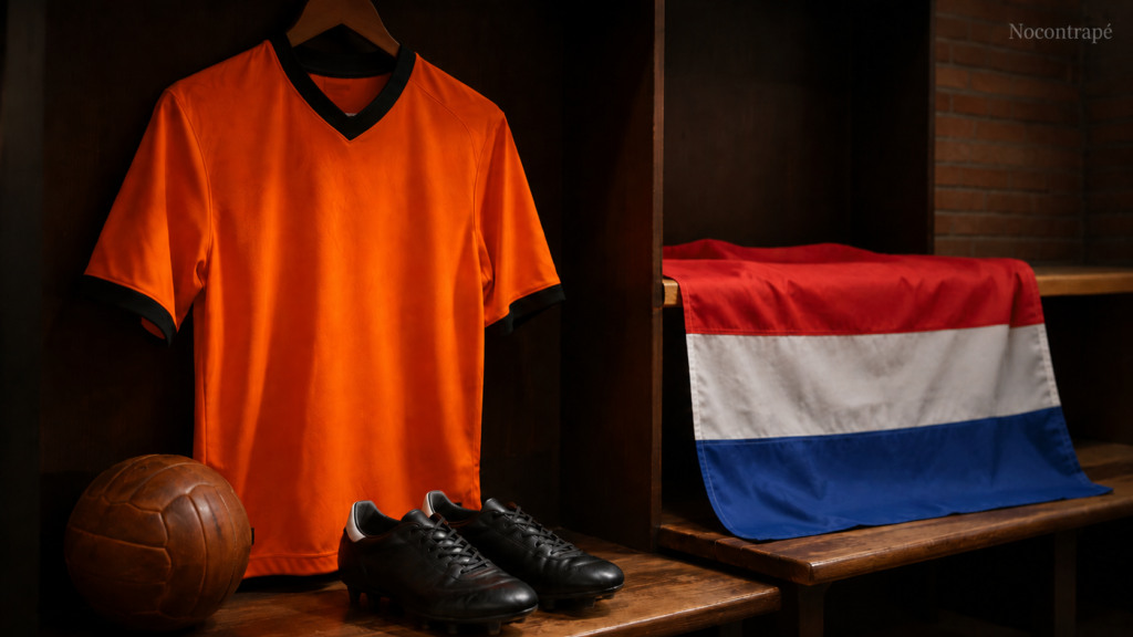 Camisa laranja da Holanda ao lado da bandeira dos Países Baixos.