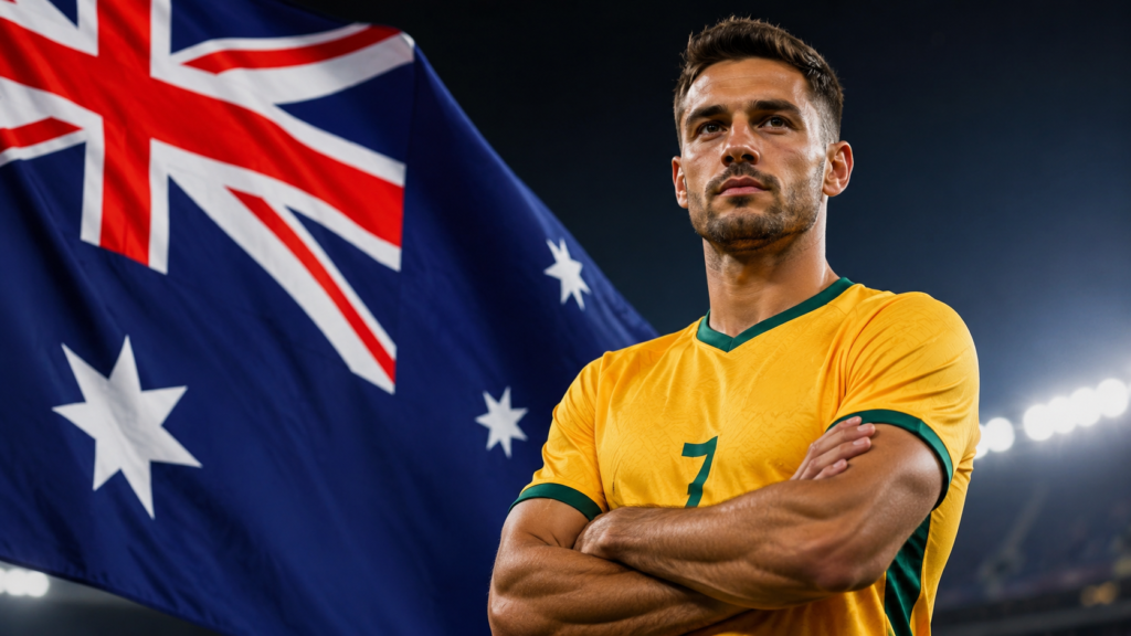 Jogador australiano com camisa amarela e verde ao lado da bandeira da Austrália em ambiente de estádio.