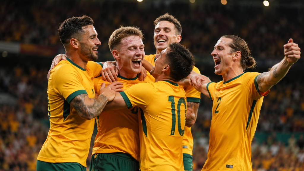 Jogadores australianos com camisas amarelas e verdes comemorando um gol durante partida de futebol.