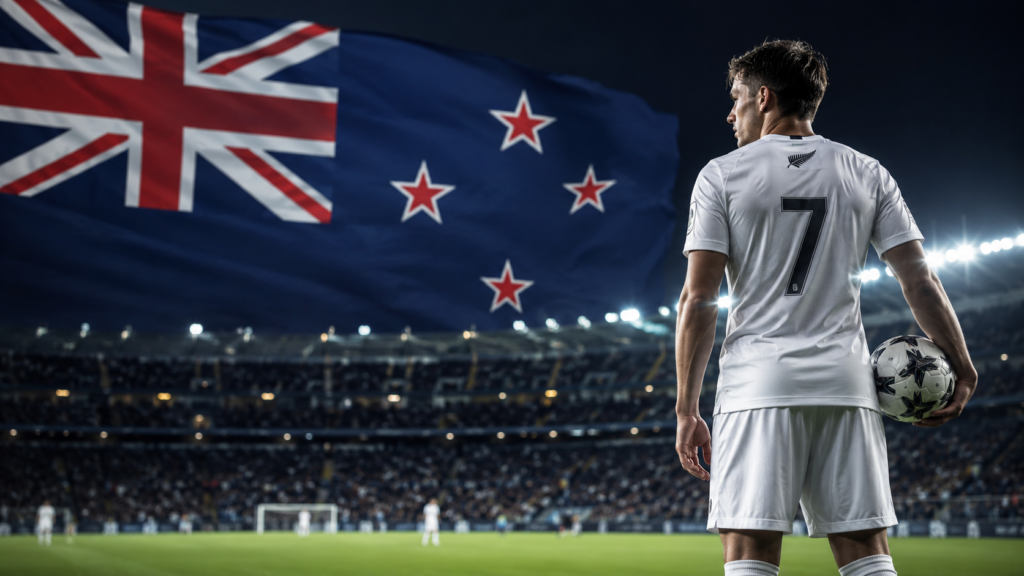 Jogador da Nova Zelândia com uniforme branco diante da bandeira do país em um estádio de futebol.