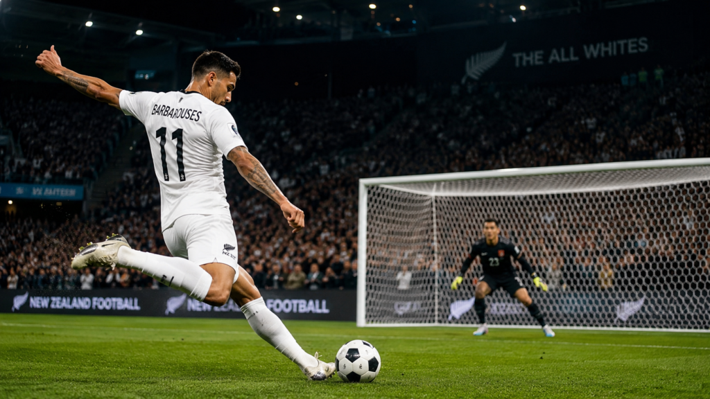 Jogador da seleção da Nova Zelândia com uniforme branco chutando a bola em direção ao gol durante partida de futebol.