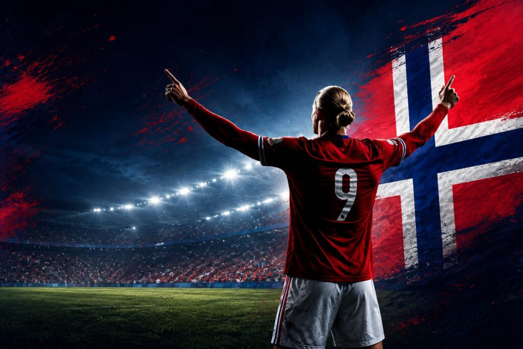 Jogador da Noruega com camisa vermelha e número 9 comemora de costas diante da bandeira norueguesa em um estádio.