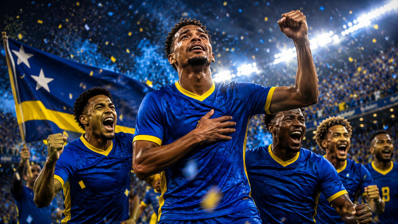 Jogadores de Curaçao celebrando em estádio após classificação histórica para a Copa do Mundo de 2026.