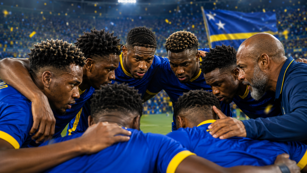 Jogadores de Curaçao reunidos em círculo antes de partida importante pela Copa do Mundo de 2026.