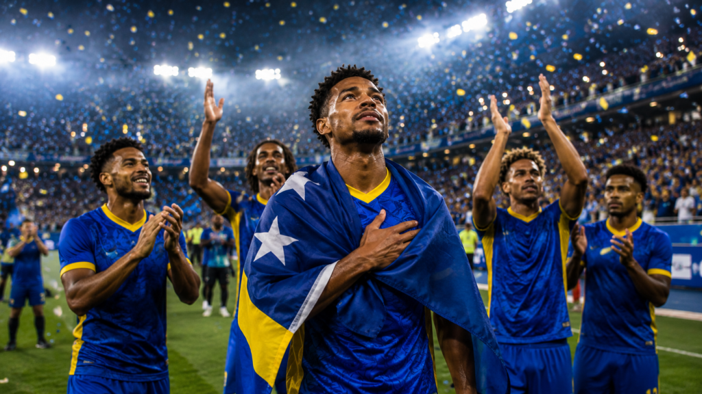 Jogadores de Curaçao aplaudindo a torcida após participação histórica na Copa do Mundo de 2026.