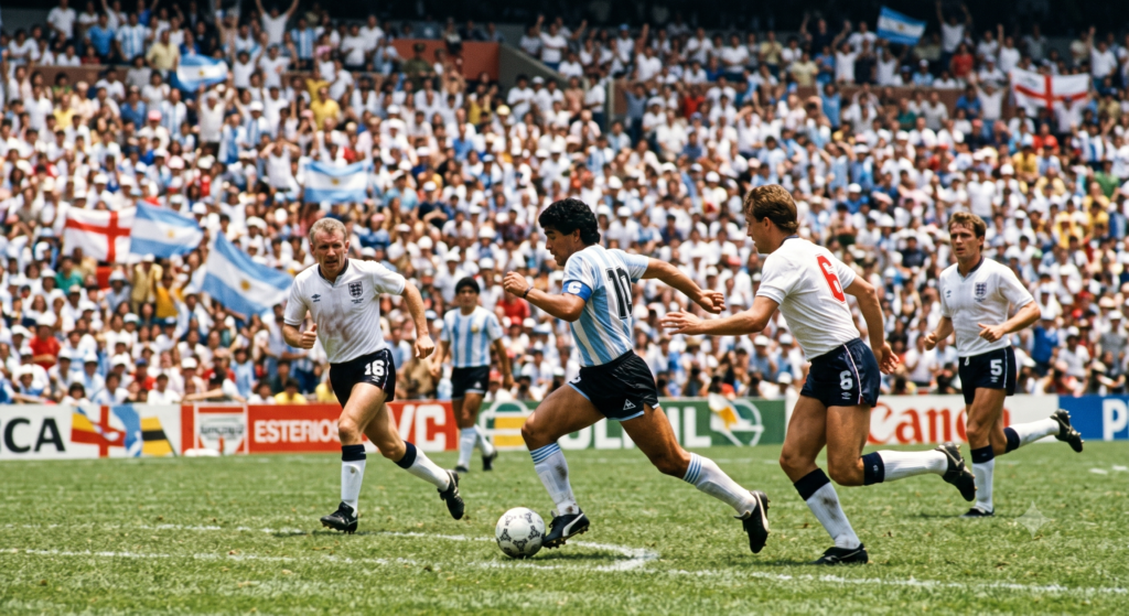 Representação de uma jogada individual de um jogador argentino contra a Inglaterra em uma Copa do Mundo.