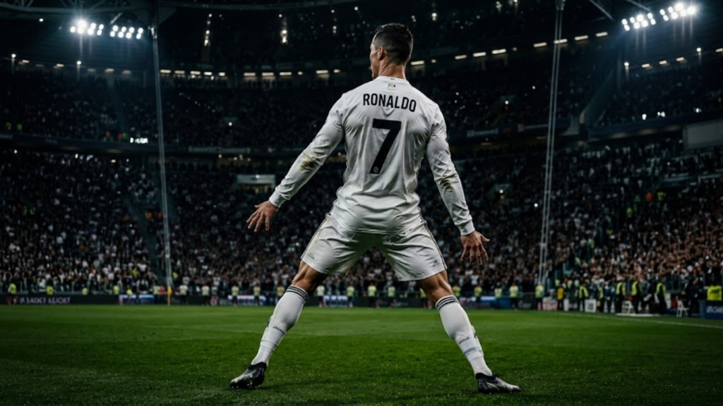 Cristiano Ronaldo realizando sua icônica comemoração "Siuu" após marcar um gol.