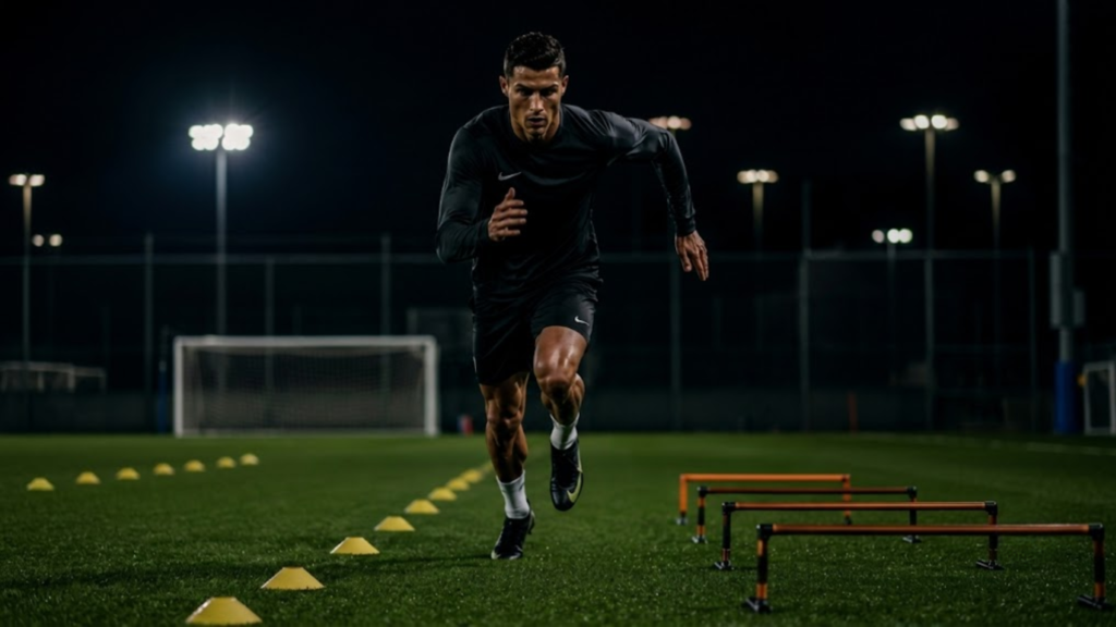 Cristiano Ronaldo realizando treinamento físico em campo, representando a preparação e disciplina.