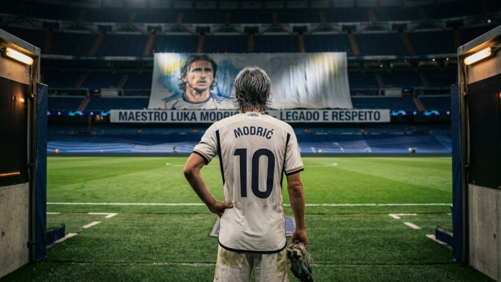 Fotografia de Luka Modric com a camisa número 10 visto de costas, segurando suas chuteiras na entrada do gramado, observando um grande estádio com uma bandeira em sua homenagem.