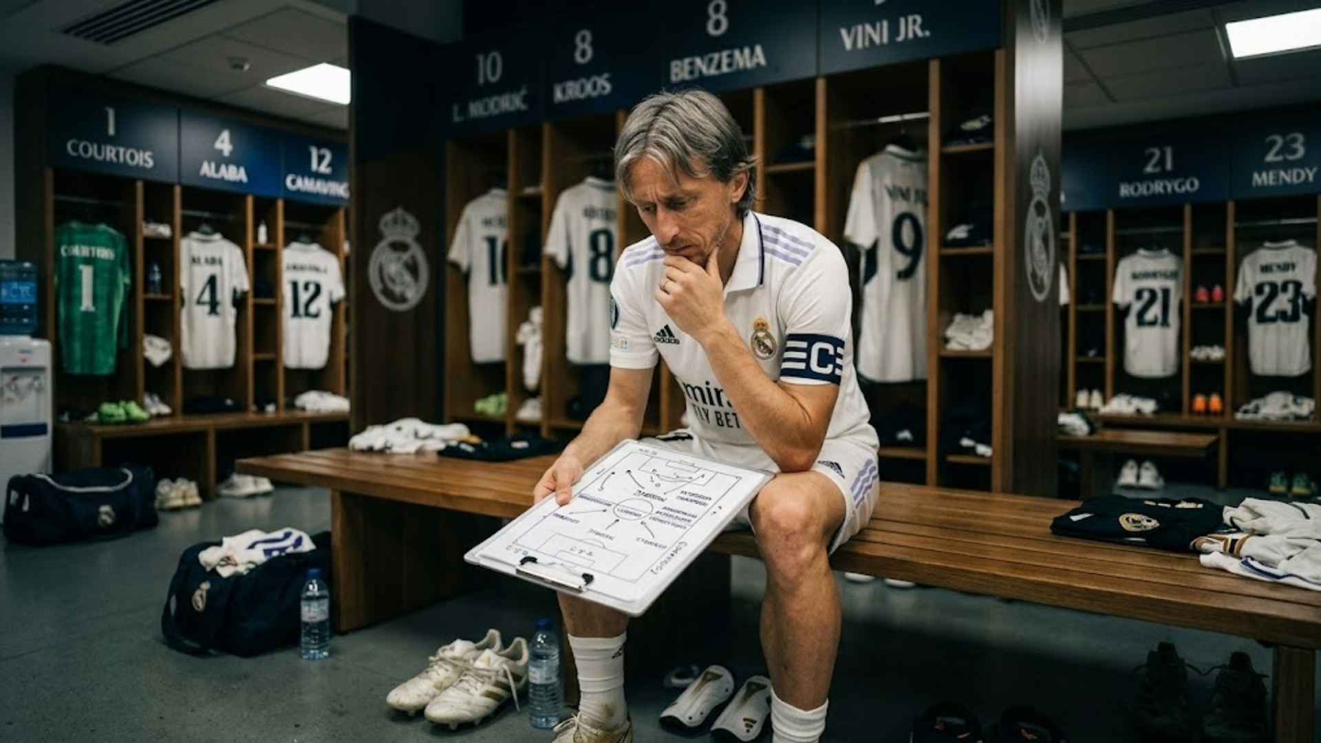 Luka Modric um jogador experiente concentrado antes de uma partida, representando a inteligência e o planejamento estratégico no esporte.