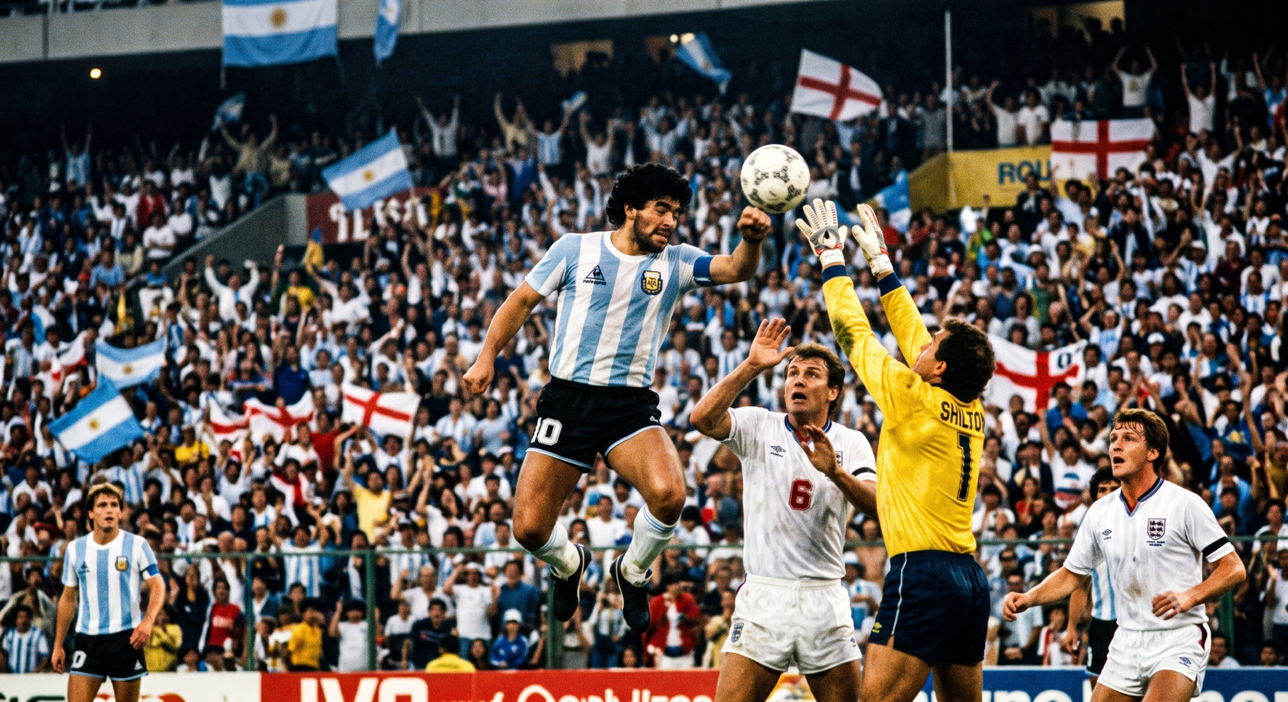 Representação de um lance histórico entre Argentina e Inglaterra durante a Copa do Mundo de 1986.