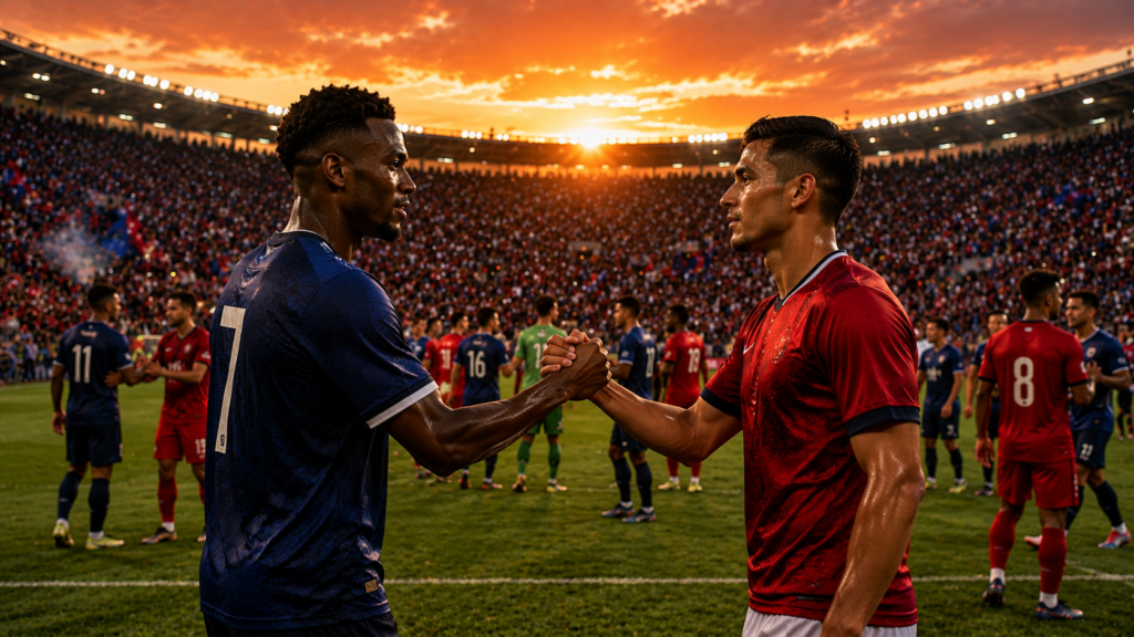 Jogadores cumprimentando-se após um grande clássico com estádio cheio ao fundo.