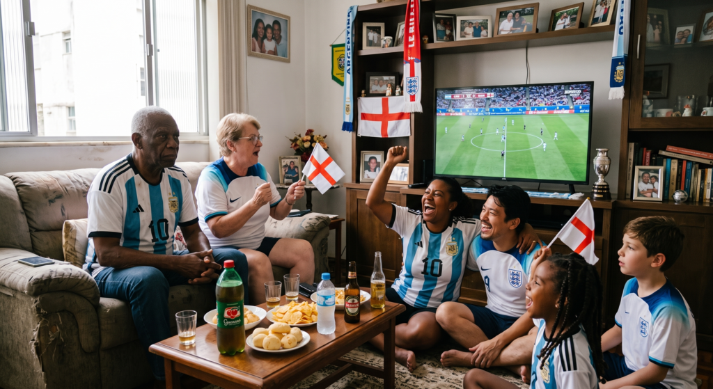 Torcedores de diferentes gerações acompanhando uma partida de futebol entre Argentina e Inglaterra.
