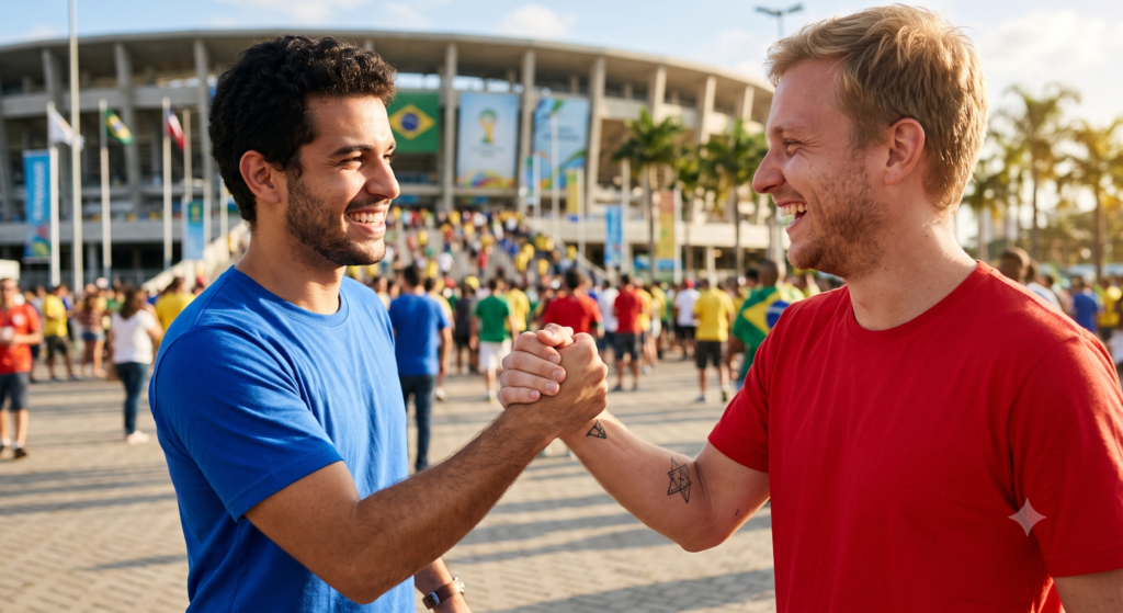 Fotografia em close de dois torcedores vestindo camisetas sem estampas de cores opostas, azul e vermelha, sorrindo e apertando as mãos amigavelmente em um dia ensolarado. 

