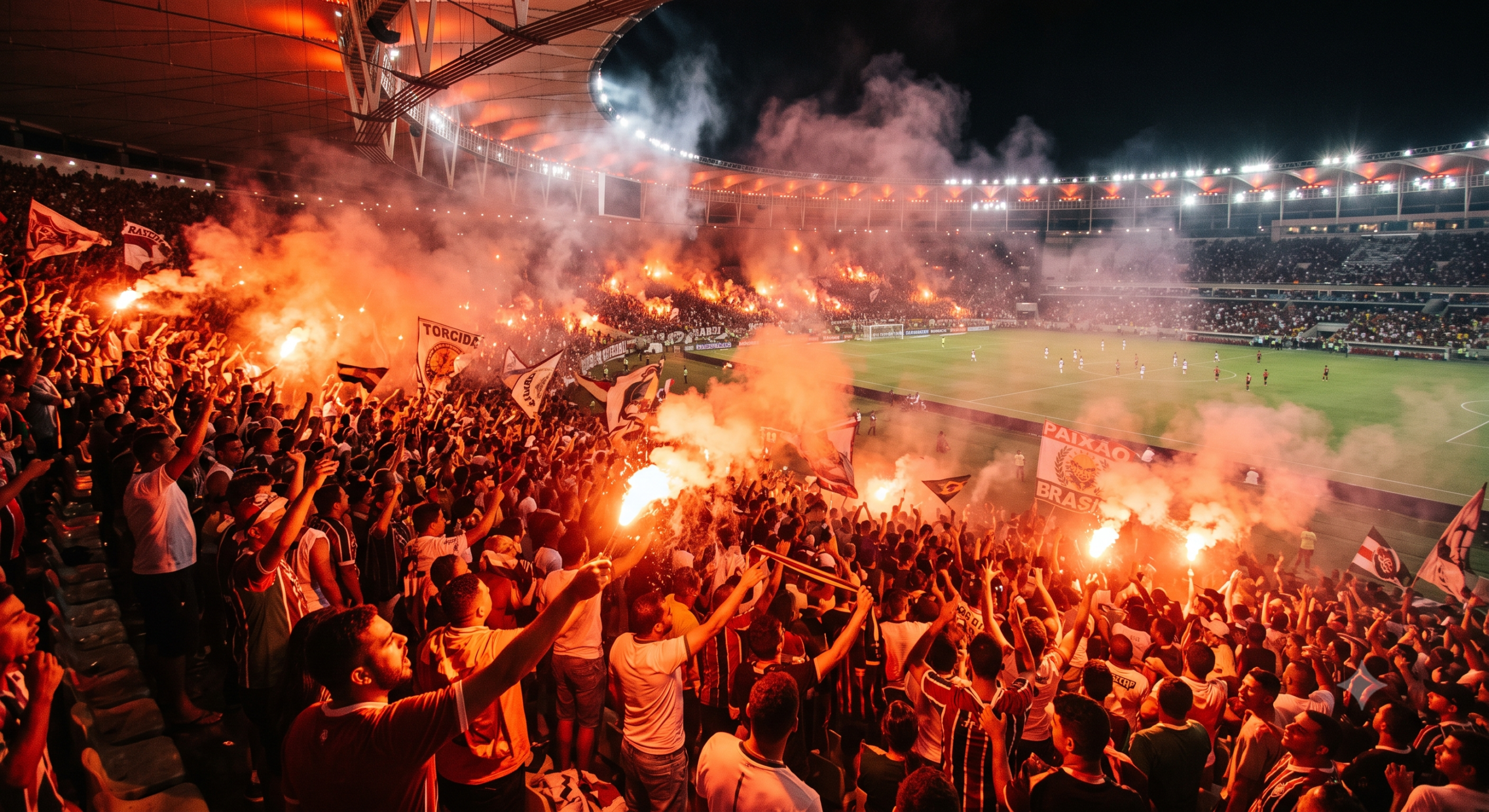 Fotografia realista e ampla de uma arquibancada de estádio de futebol lotada e iluminada por sinalizadores de fumaça vermelha e laranja, com torcedores vibrando intensamente. crie essa imagem