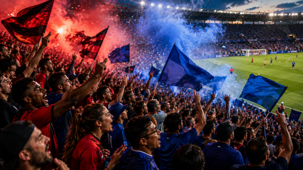 orcedores comemorando e incentivando seus times em um estádio durante um clássico de futebol.
