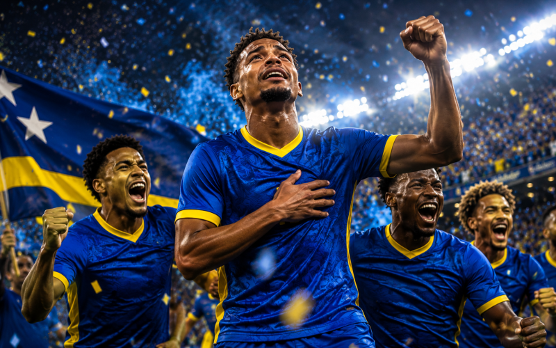 Jogadores de Curaçao celebrando em estádio após classificação histórica para a Copa do Mundo de 2026.
