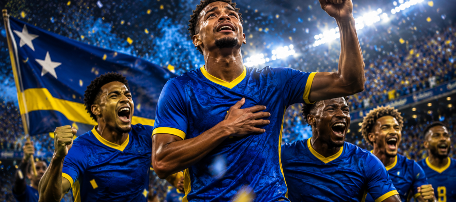 Jogadores de Curaçao celebrando em estádio após classificação histórica para a Copa do Mundo de 2026.