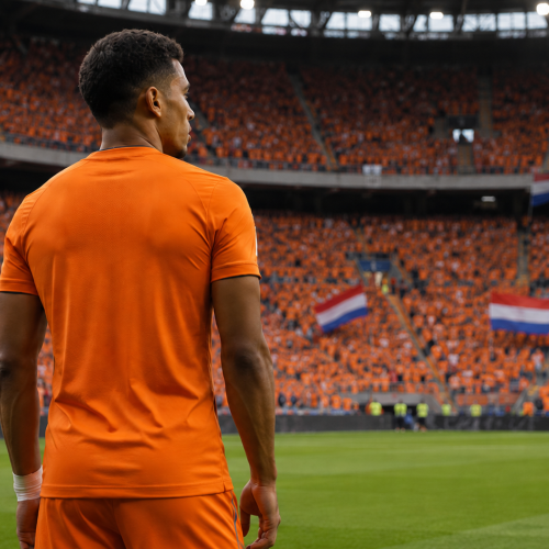 Jogador da Holanda com camisa laranja em estádio cheio de torcedores.