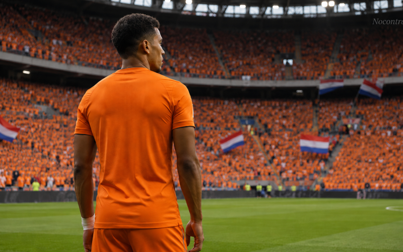 Jogador da Holanda com camisa laranja em estádio cheio de torcedores.
