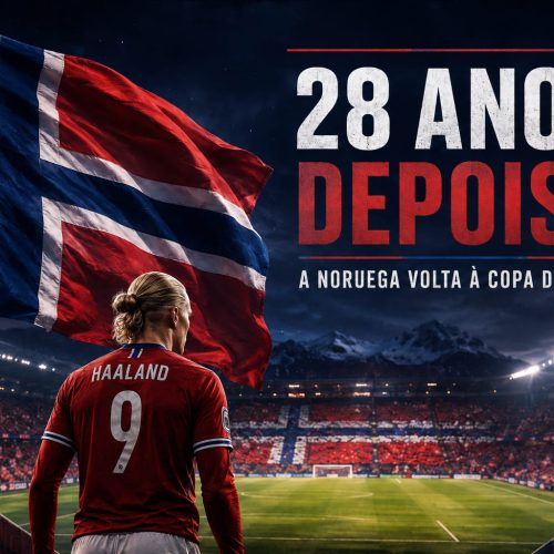 Jogador da Noruega visto de costas diante da bandeira norueguesa em estádio, com destaque para o retorno após 28 anos à Copa do Mundo.