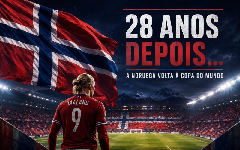 Jogador da Noruega visto de costas diante da bandeira norueguesa em estádio, com destaque para o retorno após 28 anos à Copa do Mundo.