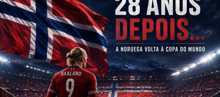 Jogador da Noruega visto de costas diante da bandeira norueguesa em estádio, com destaque para o retorno após 28 anos à Copa do Mundo.
