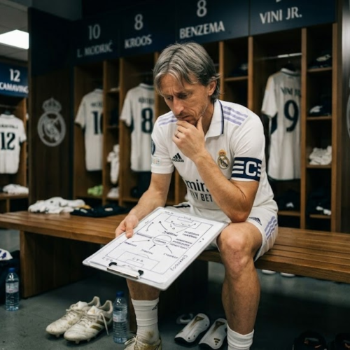Luka Modric um jogador experiente concentrado antes de uma partida, representando a inteligência e o planejamento estratégico no esporte.