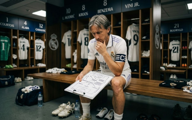 Luka Modric um jogador experiente concentrado antes de uma partida, representando a inteligência e o planejamento estratégico no esporte.