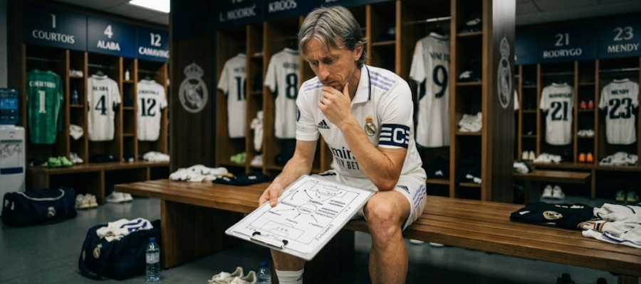 Luka Modric um jogador experiente concentrado antes de uma partida, representando a inteligência e o planejamento estratégico no esporte.