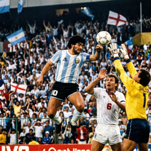 Representação de um lance histórico entre Argentina e Inglaterra durante a Copa do Mundo de 1986.