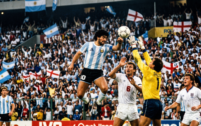 Representação de um lance histórico entre Argentina e Inglaterra durante a Copa do Mundo de 1986.