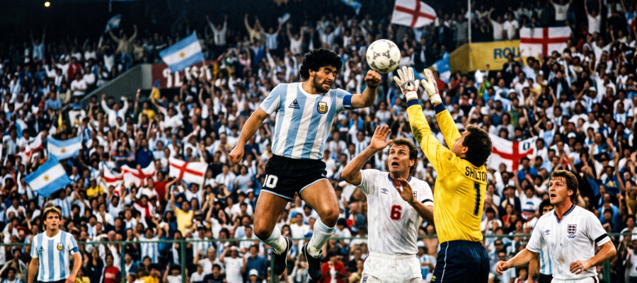Representação de um lance histórico entre Argentina e Inglaterra durante a Copa do Mundo de 1986.